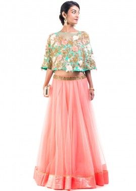 Green Embroidered Cape With Flared Skirt