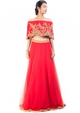 Red Off Shoulder Cape With Flared Skirt