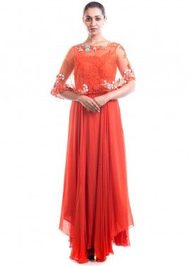 Orange Hand Embroidered Gown With Cape & Bottom