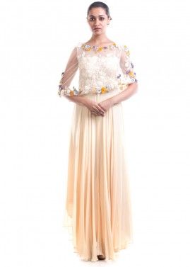 Cream Hand Embroidered Gown With Cape & Bottom