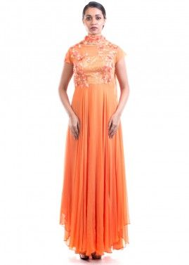 Orange Embroidered Georgette Suit With Dupatta