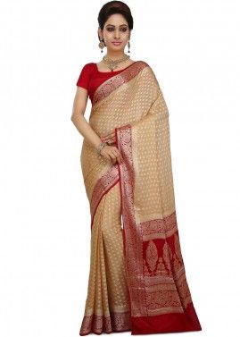 Beige Woven Saree in Pure Banarasi Silk