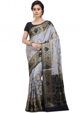 Grey Woven Saree in Pure Banarasi Silk