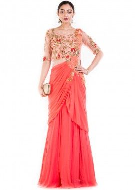 Pink Heavily Embroidered Saree Style Gown