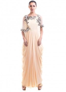 Cream Hand Embroidered Gown In Georgette