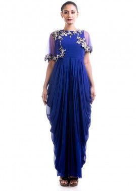 Royal Blue Hand Embroidered Cowled Gown