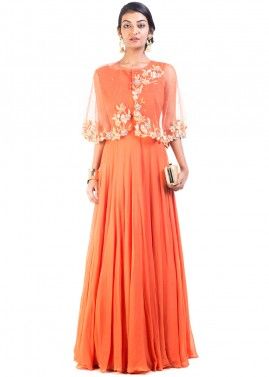 Orange Georgette Net Cape Style Gown 