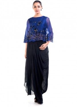 Blue Hand Embroidered Cape With Dhoti Pant