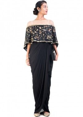Black Lycra Drapped Cape Style Gown