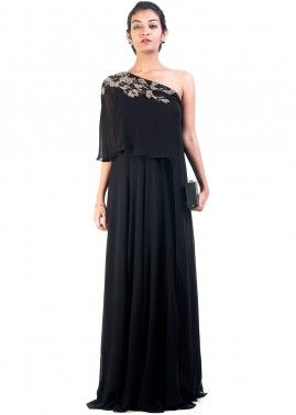 Black One Shoulder Cape Style Asymmetric Gown