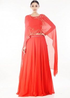 Red Georgette Asymmetric Cape With Skirt