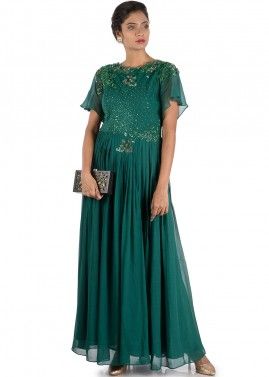 Green Pleated Georgette Readymade Gown 