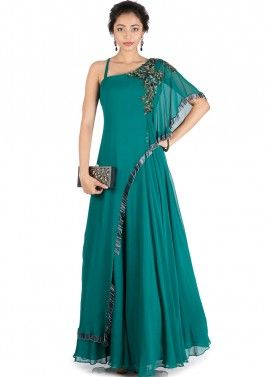 Teal Green Asymmetric Cape Style Gown 