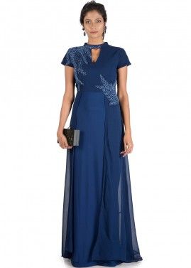 Navy Blue Georgette Net Layered Gown
