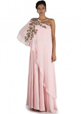Pastel Pink Georgette One Shoulder Cape Style Gown 