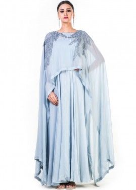 Grey Satin Georgette Cape Style Gown