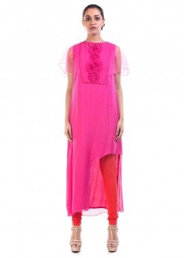 Bright Pink Asymmetrical Tunic With Cape Sleeves