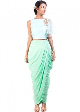 Mint Green Organza Cape With Draped Skirt