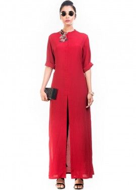 Red Crape Front Slit Long Tunic