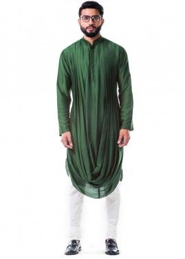 Green Cowl Style Silk Kurta Churidar Set