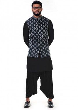 Black Linen Pathani Suit With Embroidered Jacket