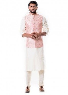 Off-White Cotton Silk Kurta Set With Nehru Jacket