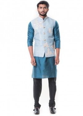 Teal Blue Straight Cut Kurta Set With Nehru Jacket