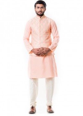 Peach Cotton Silk Kurta Set With Nehru Jacket