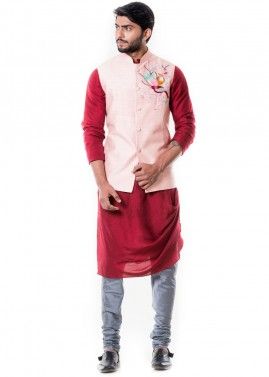 Maroon Cowl Style Kurta Set With Nehru Jacket