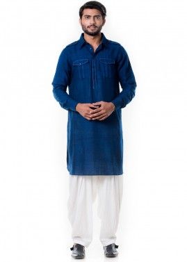 Navy Blue Linen Pathani Suit Set 