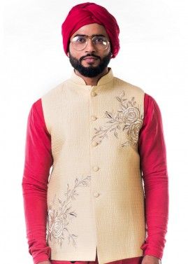 Cream Quilted Katan Silk Nehru Jacket
