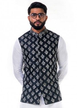 Black Floral Dori Embroidered Silk Nehru Jacket