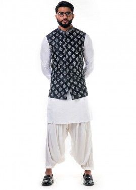 White Linen Pathani Suit Set With Nehru Jacket