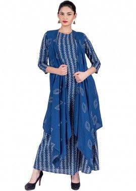 Readymade Blue Cotton Indo Western Cape Dress