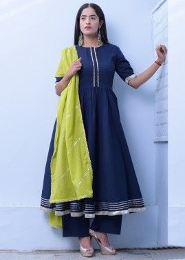 Navy Blue Flared Cotton Palazzo Suit