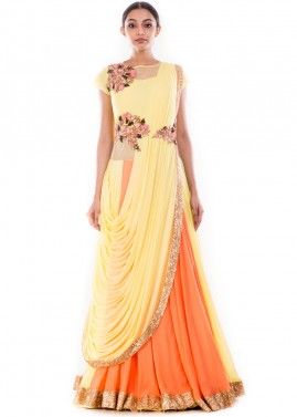 Yellow & Orange Saree Style Indo Western Gown 