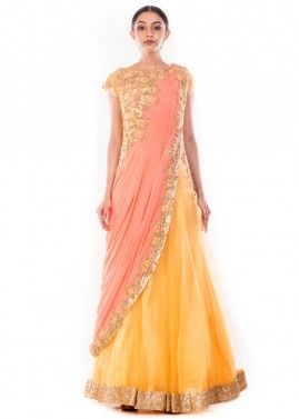 Yellow & Peach Saree Style Indo Western Gown 