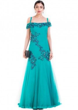 Turquoise Crape Silk & Net Off Shoulder Gown