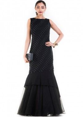 Black Embroidered Georgette & Net Fish Cut Gown 