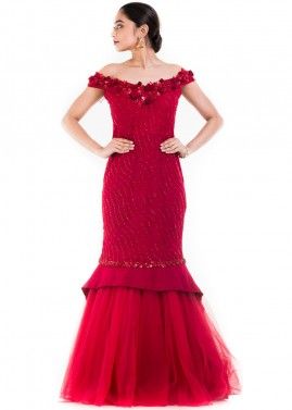 Dark Red Mermaid Style Off-Shoulder Gown