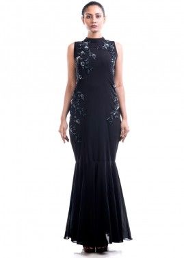 Black Hand Embroiderd Fishtail Georgette Gown