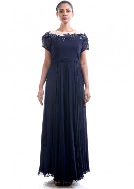 Navy Blue Flared Floor Length Georgette Gown