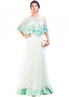 Off White Georgette Net Cape Style Gown 