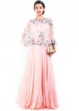 Pastel Pink Georgette Net Cape Style Gown 