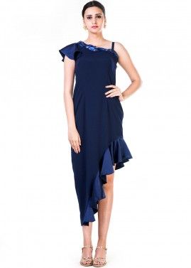 Blue Satin One Shoulder Asymmetric Dress