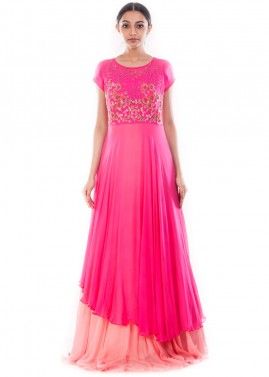 Pink Shaded Twin Layered Asymmetric Gown