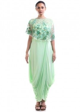 Pastel Green Dhoti Style Gown With Cape
