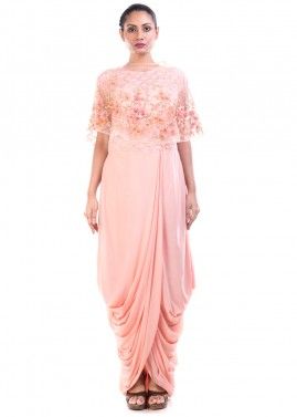 Pastel Pink Dhoti Style Gown With Cape