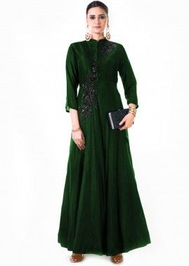 Dark Green Embroidered Silk Gown
