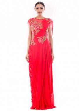Red Draped Saree Style Indo Western Gown 